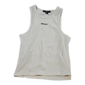 Forever 21 Women’s Ribbed Tank Top Medium White Sleeveless “Honey” Graphic Crop